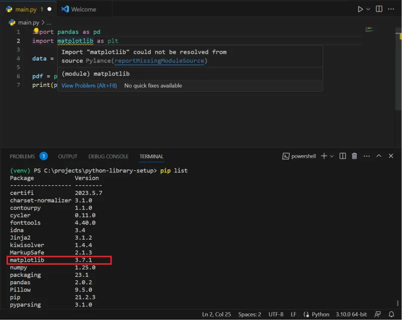 VSCode alertando que matplotlib não foi encontrado