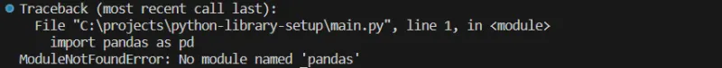 Captura de tela mostrando o erro "no module named 'pandas'"