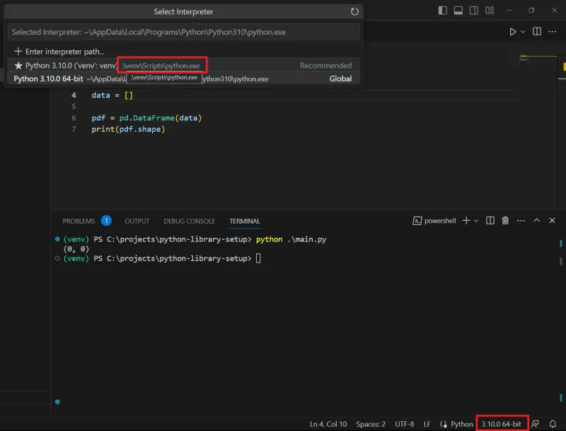 Selecionando o interpretador correto no VSCode