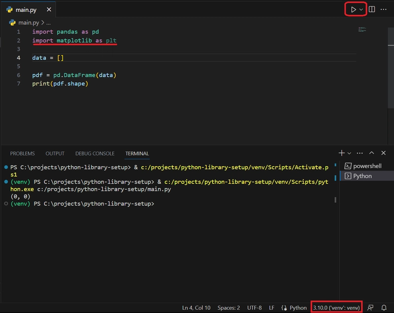 VSCode funcionando corretamente após selecionar o interpretador