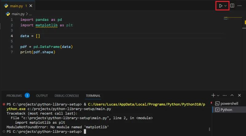VSCode exibindo erro ao executar o script